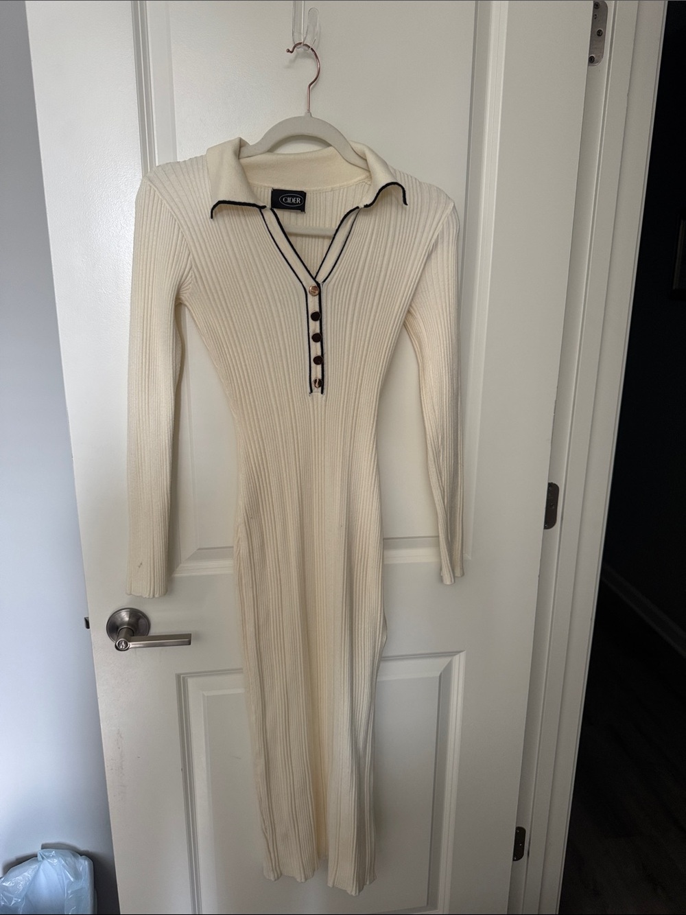 Acler Cream Ribbed Long Sleeve Polo Midi Dress with Contrast Trim